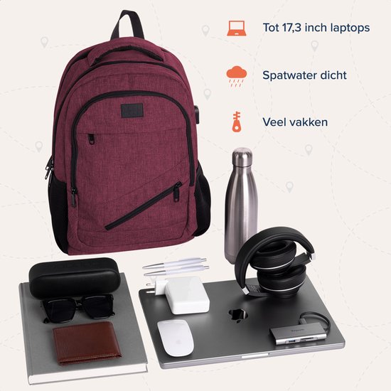 TRVLMORE Rucksack mit Lifetime - Rucksack mit 15.6 Zoll Laptopfach - Schultasche - spritzwassergeschützt - Männer und Frauen - Jungen und Mädchen - 28L - Burgunderrot