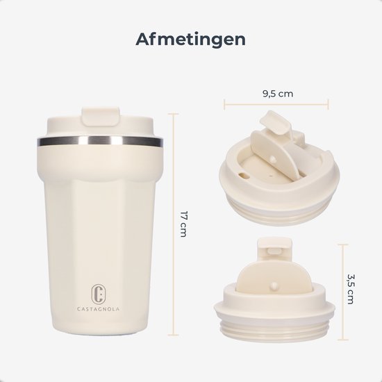 Castagnola Thermosbecher - Kaffeebecher To Go - Reisebecher für Kaffee und Tee - Teebecher - 380 ML - Edelstahl - Offwhite - Octagon