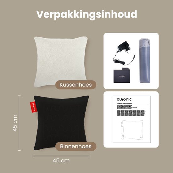 Auronic Wärmekissen - Sherpa Fleece - 45x45 - Kabellos - Wiederaufladbar - Elektrisches Kissen - Infrarot - Weiß