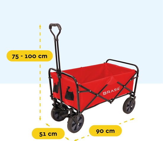 BRASQ Faltbarer Wagen - 100 Liter - 80 KG Kapazität - Schwenkbare Räder - Mit Bremse - 90x51x100 CM - Verstellbarer Griff - Kompakt - Rot