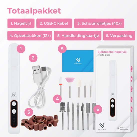 Nuvance Elektrische Nagelfeile - 15000 RPM - Nagelfräse - 12 Bits - 40 Schleifrollen - Maniküre & Pediküre Set