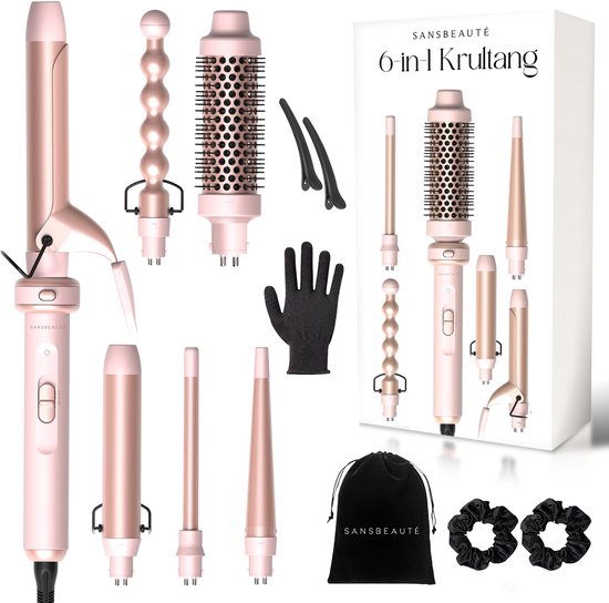 Sansbeauté® 6 in 1 Lockenstab mit Klemme - Keramischer Lockenstab - 13mm bis 38mm - Föhnbürste für kurzes Haar - Wärmebürste - Lockenwickler - Thermobürste - Haarstyler - Lockenbürste 5 in 1
