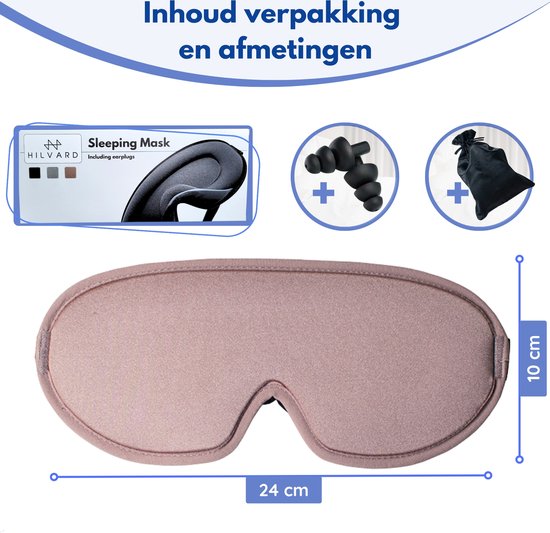 Hilvard - Schlafmaske - Augenmaske - Inklusive Schlaf-Ohrstöpsel - 100% Verdunkelung - Verstellbar - Ergonomisch - Pink