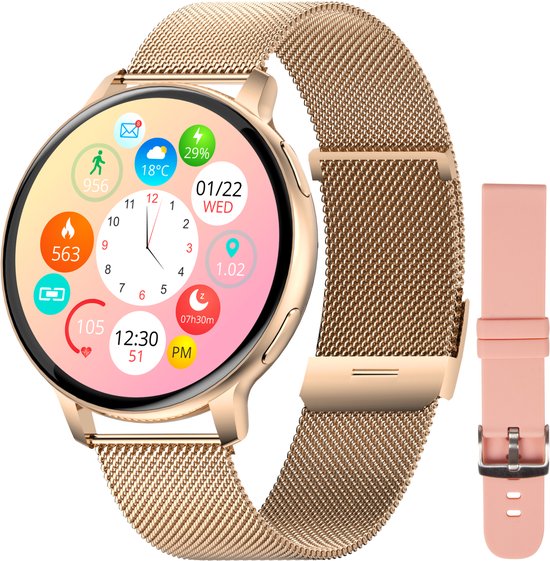 Nuvance Smartwatch Damen - Inkl. Edelstahl & Silikonband - Misst Sport & Schlaf & Körper - Pink Gold