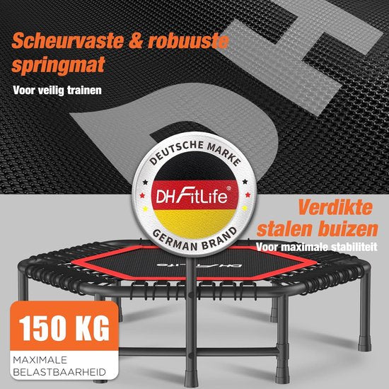 DH FitLife Fitness Indoor Trampolin | Ø114cm 45-inch Mini-Trampolin für Cross Jumping | Belastbarkeit 150 KG | Mit 3 verstellbaren Griffpositionen | Stabie