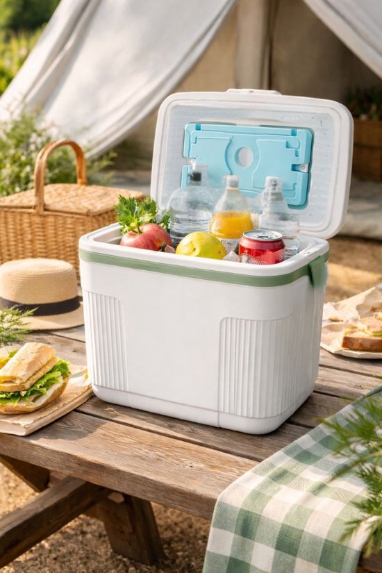 Ceruzo Kühlbox 10 l – Kompakt – Kühlelement im Deckel – Camping-Kühlbox – Weiß-Grün