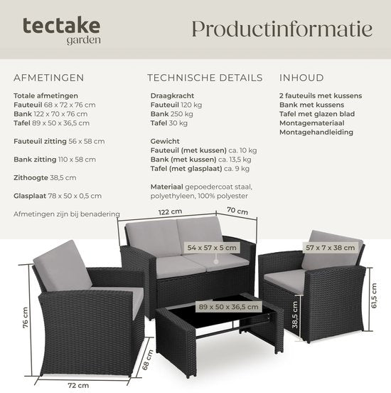 tectake Geflecht-Gartenset für 4 Personen - 2-sitzige Gartenbank und 2 Gartenstühle - Tisch mit abnehmbarer Glasplatte - Bequeme Sitz- und Rückenkissen - Lounge-Set für Garten, Terrasse, Balkon - Schwarz