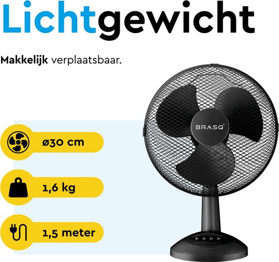 BRASQ Tischventilator - 30 cm - Schwarz - 3 Geschwindigkeiten - Standventilator - 40 Watt