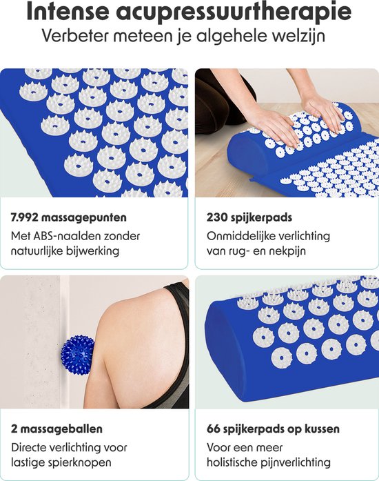 LifeGoods Akupressurmatte mit Kissen - Shakti Matte - Nagelmatte inkl. 2x Triggerpunkt Ball - 66x40x2cm - Blau/Weiß