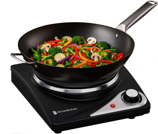 KitchenBrothers Elektrokochfeld - 1 Brenner - Freistehend - 7 Temperaturstufen - 1500W - Schwarz