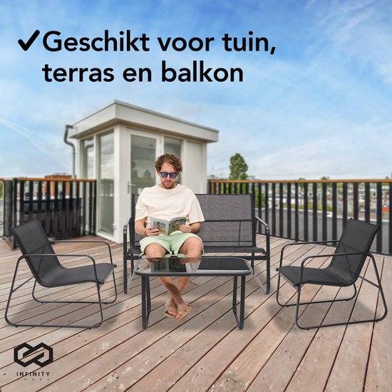 Infinity Goods Tuinset - Loungeset - Tuinmeubelen - Tuinbank - Tuinstoelen - Tuintafel - Glazen blad - 4 Persoons - Zwart/Antraciet
