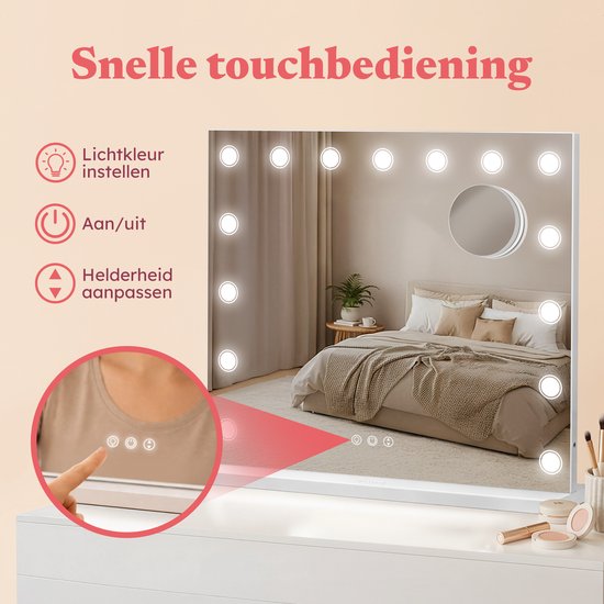 Fraay® Hollywood Spiegel mit Beleuchtung 60x50cm - 3 Lichtmodi - Make-up Spiegel mit 10-facher Vergrößerung Spiegel - LED Dots Beleuchtung dimmbar - Inkl. 2 Beauty Blenders und Puderquaste