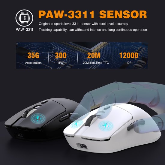 HXSJ T68 - 2.4G Wireless Gaming Mouse - 12000DPI - PAW3311 - FPS/MOBA/MMO - Gaming-Mäuse - Ultraleicht - Schwarz