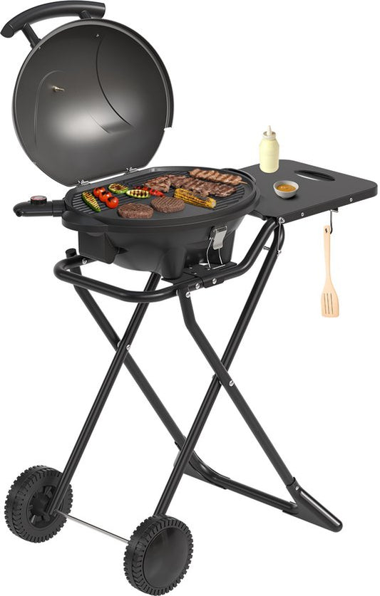 KitchenBrothers - Elektrogrill mit Rädern - Klappbar - Antihaftbeschichtung - Beistelltisch - Bis zu 250°C - 2400W - Schwarz