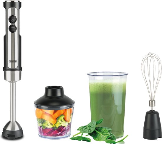 Bourgini Stabmixer - 4-tlg. Leistungsstarkes Stabmixer-Set aus Edelstahl -20 Geschwindigkeiten - Schneebesen - Zerkleinerer 600ml - Messbecher 800ml - 1500W