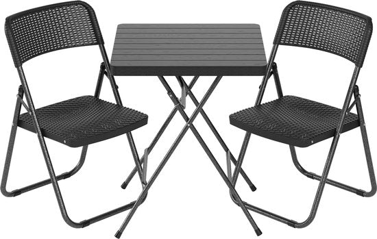 LifeGoods Bistro-Set - 3-teilig - klappbar - Rattan-Look - Garten-Set mit Beistelltisch - Schwarz - 200kg Tragkraft - wetterfest