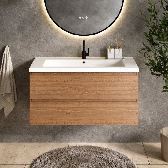 Mirlux Badmöbel Eiche Warm 100 cm - Waschbecken Weiß - Badmöbel-Set - Waschbeckenschrank Eiche Warm