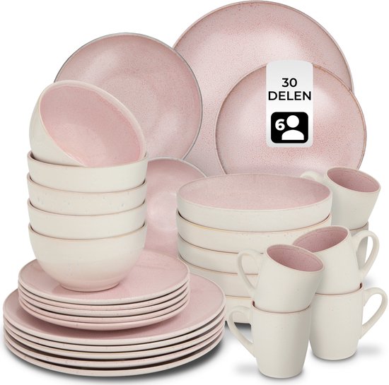 tectake® Geschirrset Mare – 30-teilig – Steingut mit glänzender Glasur - Für 6 Personen - Handgefertigtes Geschirr - Modernes Geschirrset mit großen und kleinen Tellern, Schüsseln, Schälchen und Tassen - Spülmaschinen- und mikrowellengeeignet - Rosa
