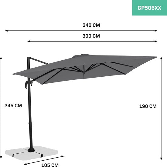 VONROC Premium Ampelschirm Pisogne - 300x300cm - Inkl. Kreuzfuß & Schutzhülle - Quadratischer Sonnenschirm - 360° drehbar - Neigbar - UV-beständiges Tuch - Grau