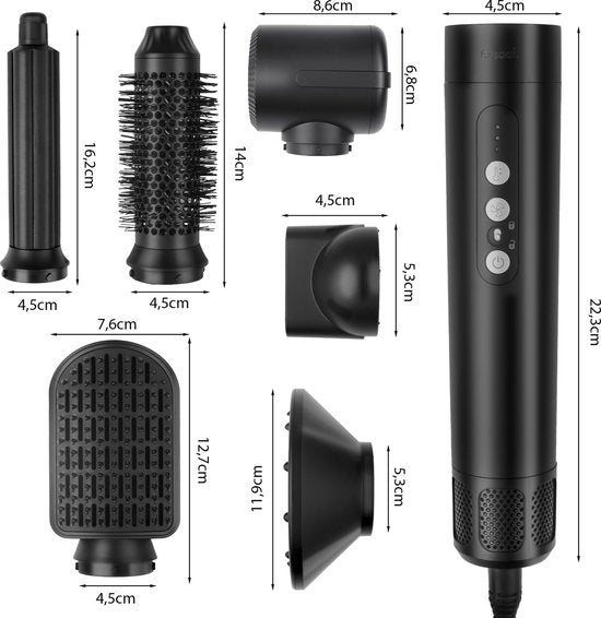Saaf Hairdryer brush 7 in 1 - 8-teiliges Set - Haartrockner - Styling- und Lockenbürste - Haarwickel - Airstyler - Multistyler - Schwarz