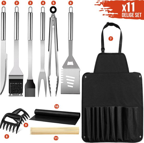 Squago BBQ-Zubehör XXL Set mit Schürze - Werkzeuge - Werkzeugset Zange Bürste Matte
