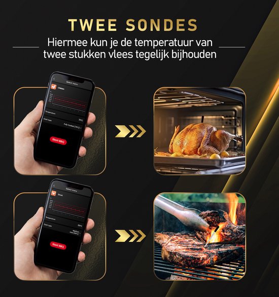 MostEssential Smart Meat Thermometer - Drahtlos - 80M Reichweite - 36 Stunden Betriebszeit - Bluetooth 5.2 - 2000mAh Batterie - Doppelsonde Edition
