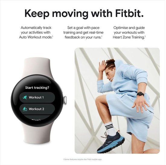 Google Pixel Watch 2 - Silbernes Gehäuse - Blaues Sportband - GPS - 5ATM - Fitbit-Funktionen - 24 Stunden Akku - AMOLED-Bildschirm