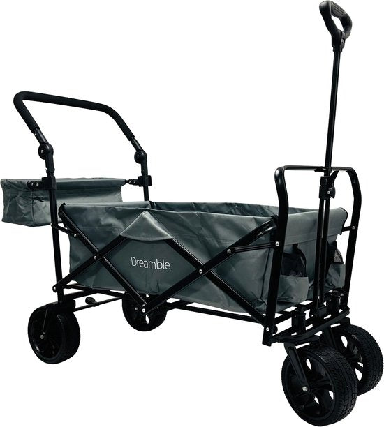 Dreamble® | Wagon | Grau | Bis zu 140KG | 120L | Zug- und Schiebefunktion | Dicke weiche Bodenmatte 4cm - für Kinder | Extra große Räder Ø20cm | Extra Stauraum | 130x110(LxH) | 2 Taschen außen, 1 Tasche innen mit Reißverschluss | Fußbremse | Schutzhülle