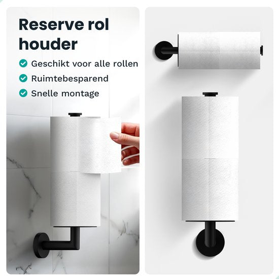Mirlux Bad-Accessoires Set - Toilettenbürste mit Halter - Toilettenpapierhalter - Toilettenpapierhalter ohne Bohren - Handtuchhaken Selbstklebend - Ersatzpapierhalter - Toilettenbürstenhalter - Schwarz