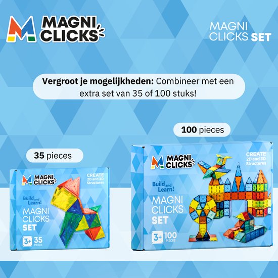 MagniClicks Magnetic Tiles 35 Stück - Magnetisches Spielzeug - Montessori - Magnetische Fliesen - Bausteine