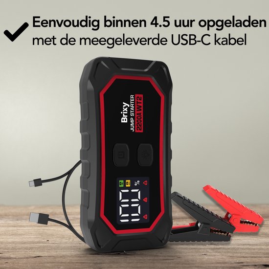 Brixy Jumpstarter für Auto - 2200A / 16.000 mAH - 4-in-1 Starthilfe - LED-Taschenlampe, SOS-Notlicht und Powerbank - Rot/Schwarz