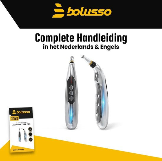 Bolusso Komplettes Akupunktur-Stift-Set - Enthält 5 Kopfstücke - Holländisches Handbuch - Massage-Stift und Werkzeug - Wiederaufladbar - Einschließlich Gel-Töpfe