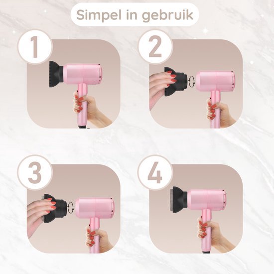 Sansbeauté® Haartrockner mit Diffusor - Ionen-Haartrockner - Bürste - Reise-Haartrockner - 3 Aufsätze - Locken - Coolshot - 3 Stufen - Haartrockner mit Diffusor - Haartrockner - 2000W - Pink