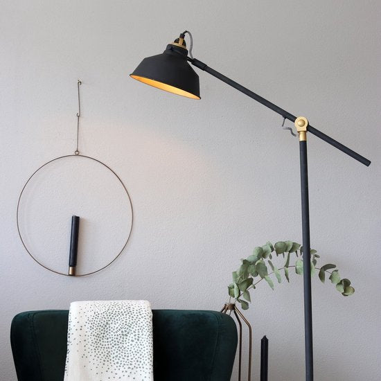 Schwarze Stehlampe Nove 1322ZW - Dreh- und schwenkbare Industrielampe mit goldenen Details, E27-Fassung, Metall und Kunststoff - Mexlite