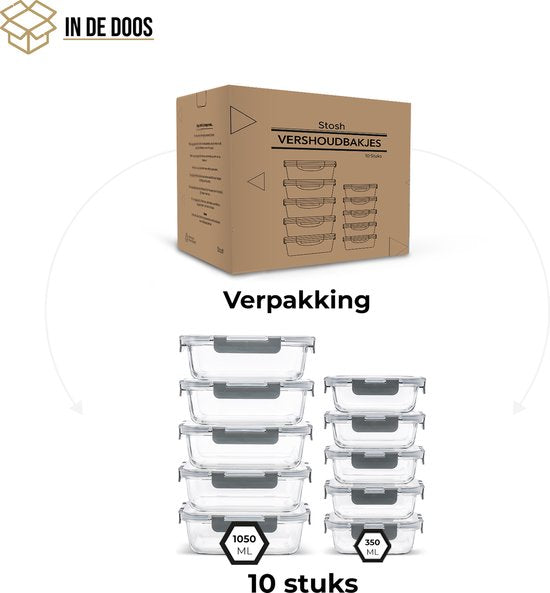 Stosh Meal Prep Schalen - Frische Schalen - Gefrierschalen - 10 Stück - 5x1050ML & 5x350ML - BPA frei - Glas