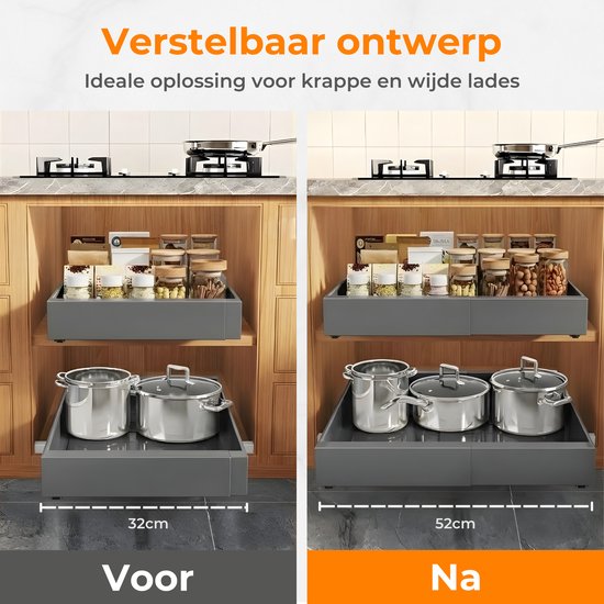 Posity Slide Drawer - Küchenschrank-Organizer - Spülenschrank/Schubladen-Organizer - Innenschublade Küche - Ausziehbar und verstellbar (32-52 cm) - Teleskopisch - Grau