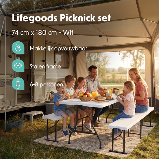 LifeGoods Faltbares Picknick-Set - 180cm x 74cm - Gartentisch mit 2 Bänken - Wetterfest - Campingtisch - Biertisch faltbar - Für Innen und Außen - Für 6 bis 8 Personen - Weiß
