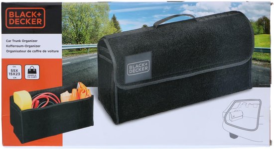 BLACK+DECKER Trunk Organiser - Kofferraumtasche - 55 x 15 x 23 CM - 1 großes Fach und 2 Einsätze - Einkaufen und Autozubehör - Mit Klettverschluss - Schwarz