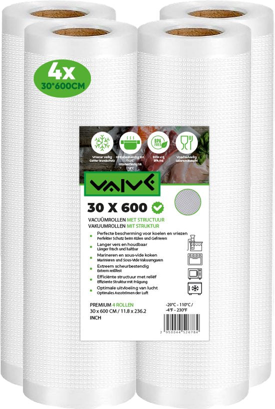 Vaive Vakuumierer 4 Stück - 30 x 600 - Vakuumbeutel Lebensmittel - Vakuum- / Sous Vide Beutel - BPA frei