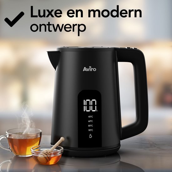 Aviro Wasserkocher mit Temperaturregelung - Heizfunktion - 1.7L - Edelstahl - Doppelwandig - Elektrisch - 2000W - Schwarz