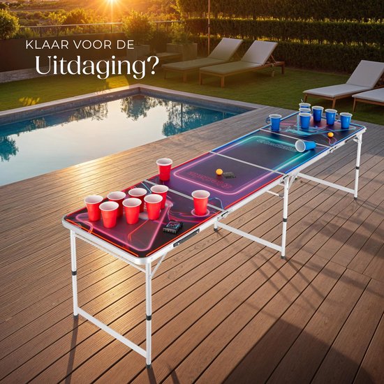 tectake® Bier-Pong-Tisch - Mit Partydekoration - LED-Beleuchtung - Bier-Pong-Tisch höhenverstellbar und klappbar - Trinkspiel mit Zubehör - 100x Plastikbecher, 6x Tischtennisbälle, Kartenspiel mit Karten