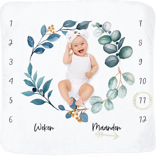 Frummel Milestone blanket 'Leaves' - Milestone blanket - Milestone baby - Baby Gift Boy - Baby Gift Girl - Baby Shower Gift - Baby Gift - Milestone blanket in Dutch - Muttertagsgeschenk - 115 x 115 cm