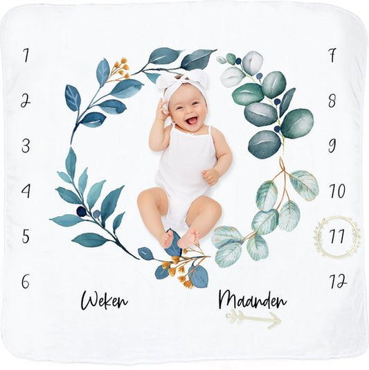 Frummel Milestone blanket 'Leaves' - Milestone blanket - Milestone baby - Baby Gift Boy - Baby Gift Girl - Baby Shower Gift - Baby Gift - Milestone blanket in Dutch - Muttertagsgeschenk - 115 x 115 cm
