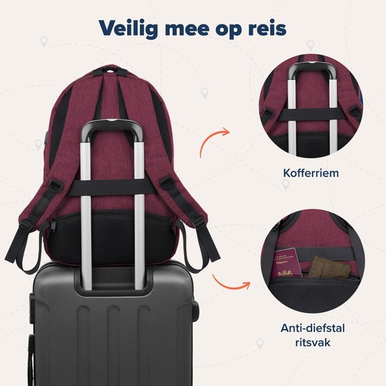 TRVLMORE Rucksack mit Lifetime - Rucksack mit 17 Zoll Laptopfach - Schultasche - spritzwassergeschützt - Männer und Frauen - Jungen und Mädchen - 36L - Burgunderrot