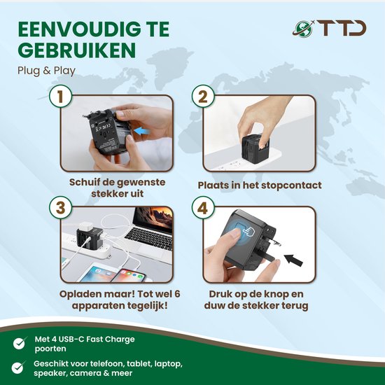 TTD® World Universal Plug - Reisestecker Typ A B C E F G I mit USB-C und 4x USB-A Schnellladung - Geeignet u.a. für Amerika, Australien, England und Japan - Reiseadapter - Reiseadapter