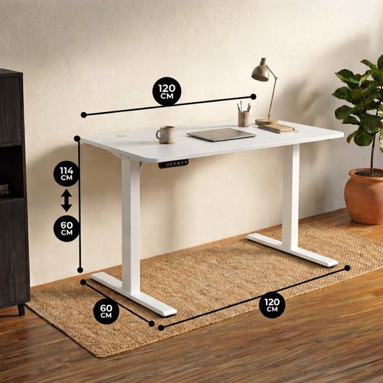 Bayt Sitz-Steh-Schreibtisch - Elektrischer Schreibtisch - Höhenverstellbarer Schreibtisch - 120 x 60 cm - Weiß