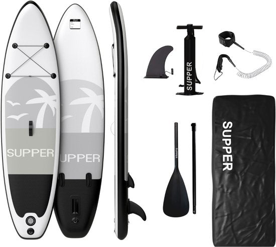Supper Sup Board - Max. 120KG - Aufblasbar - Paddle Board - Pumpe - Finne - Leash - Tragetasche - 285 x 76 cm - Schwarz