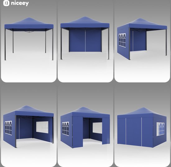 Niceey Partyzelt - 3x3m - Pavillon - faltbar und wasserdicht - Partyzelt mit Seitenwänden - Gartenzelt - einfacher Aufbau - Tragetasche mit Rädern - Dunkelblau