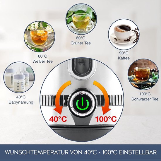 Wasserkocher, Edelstahl, Temperatureinstellung, leise, Temperaturanzeige und Warmhaltefunktion, 1,7 Liter & 2200 W, Wasserkocher, Edelstahl-Wasserkocher, Retro, ohne Kunststoff