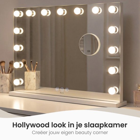 Bayt Hollywood Spiegel mit Beleuchtung - Make-up Spiegel mit Beleuchtung - Spiegel mit Beleuchtung - dimmbar - 10x Vergrößerung - 58x46cm - Weiß